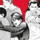 A image of Gantz characters all holding guns against a red background.